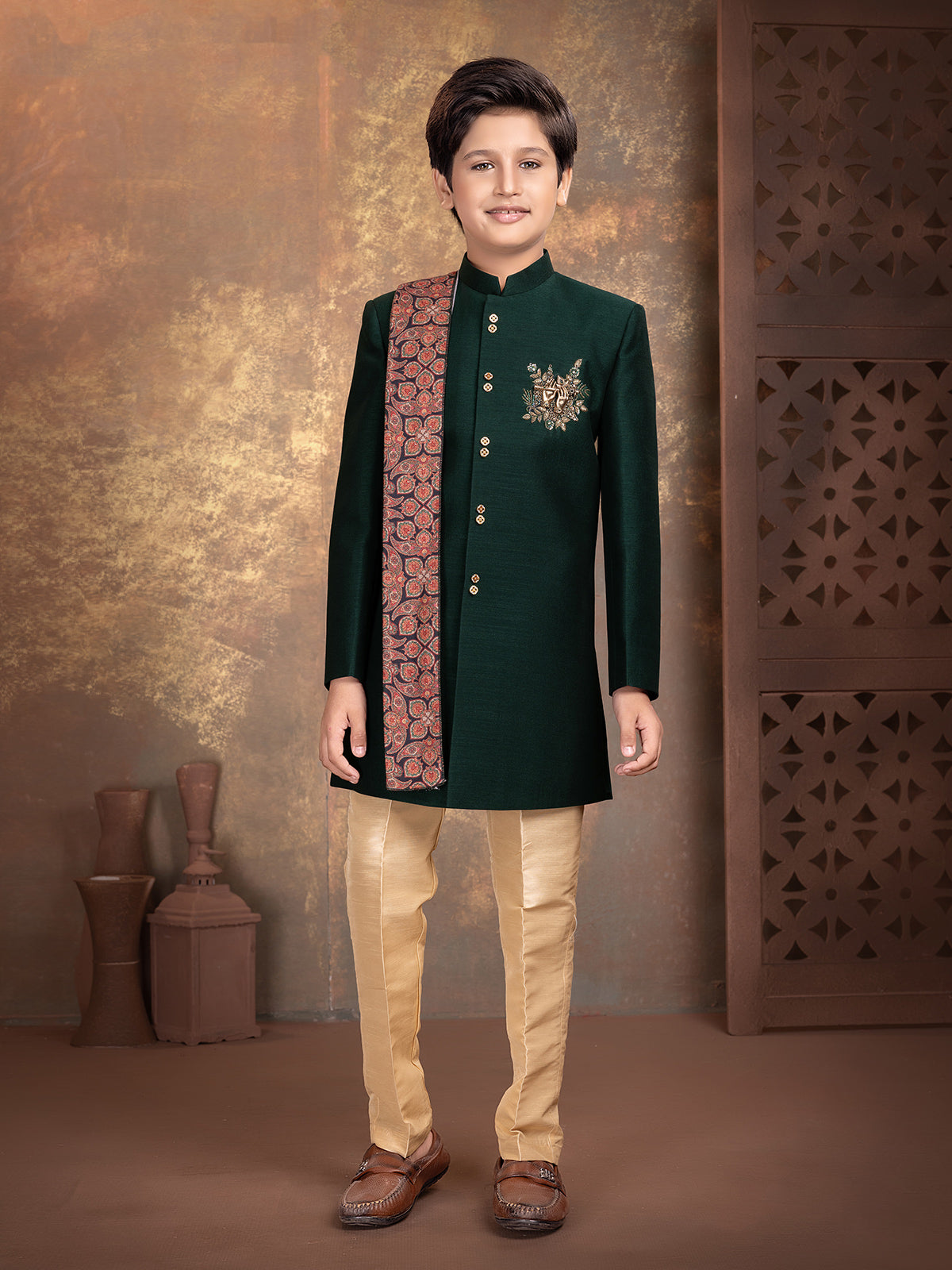 Bottle green heritage embroidered boys indo western outfit