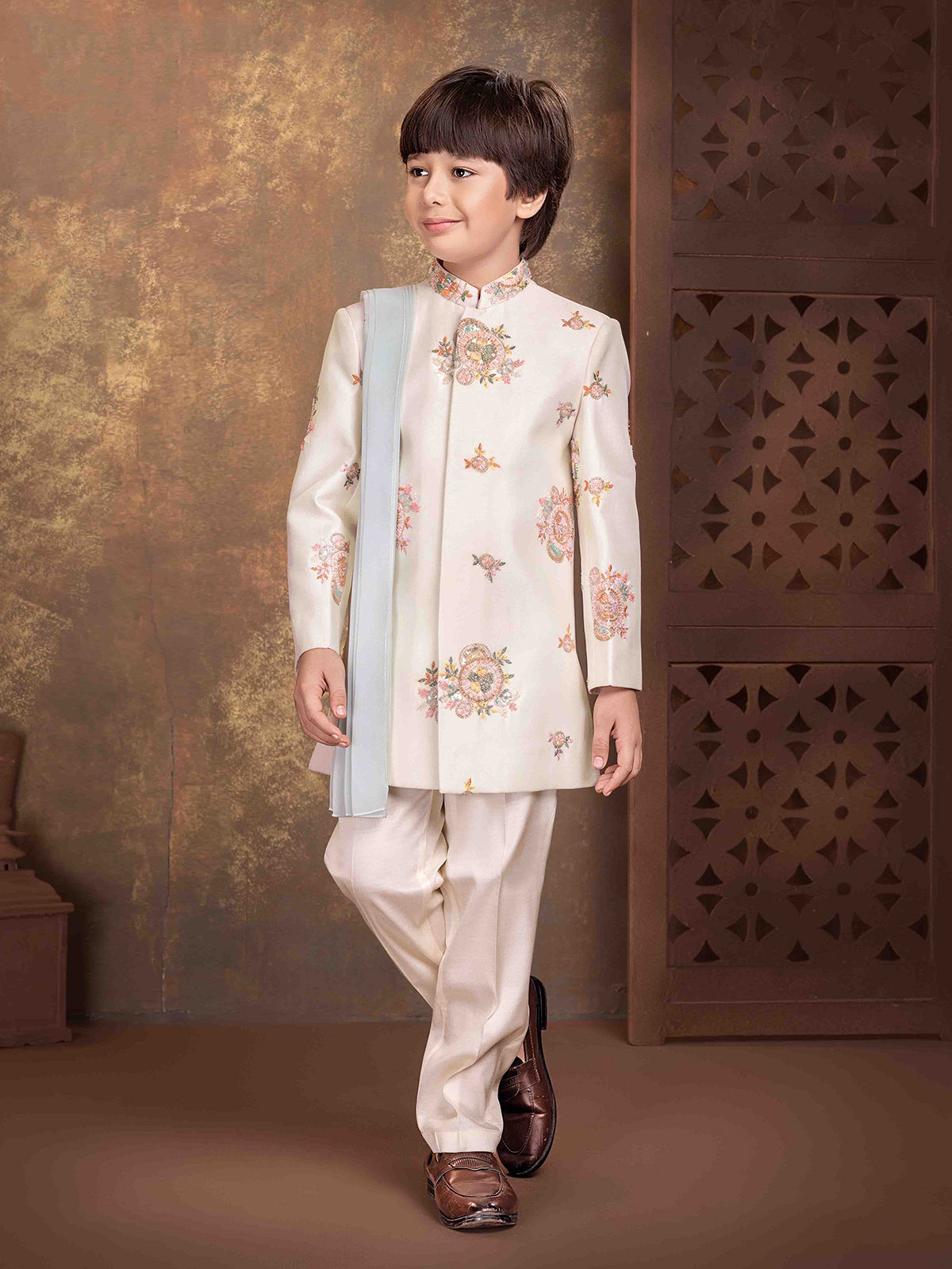 Off white floral rosette boys indo western ensemble