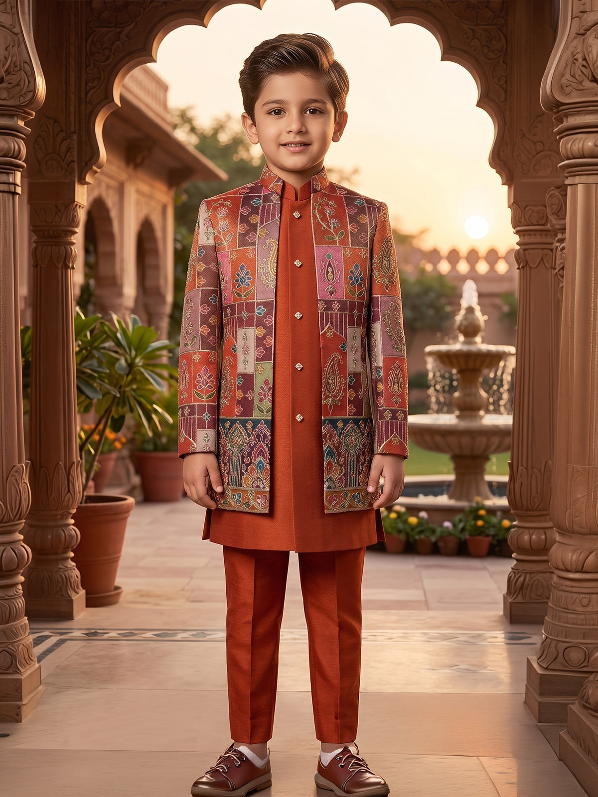 Rust orange mosaic boys indo western