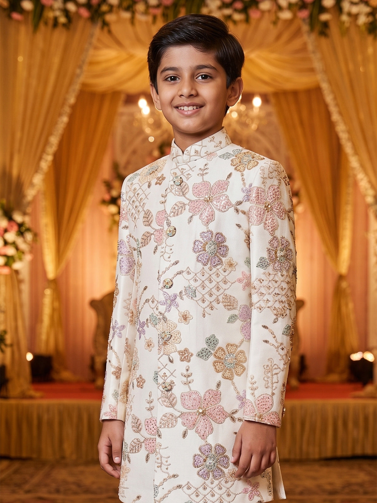 Off white pastel floral boys indo western
