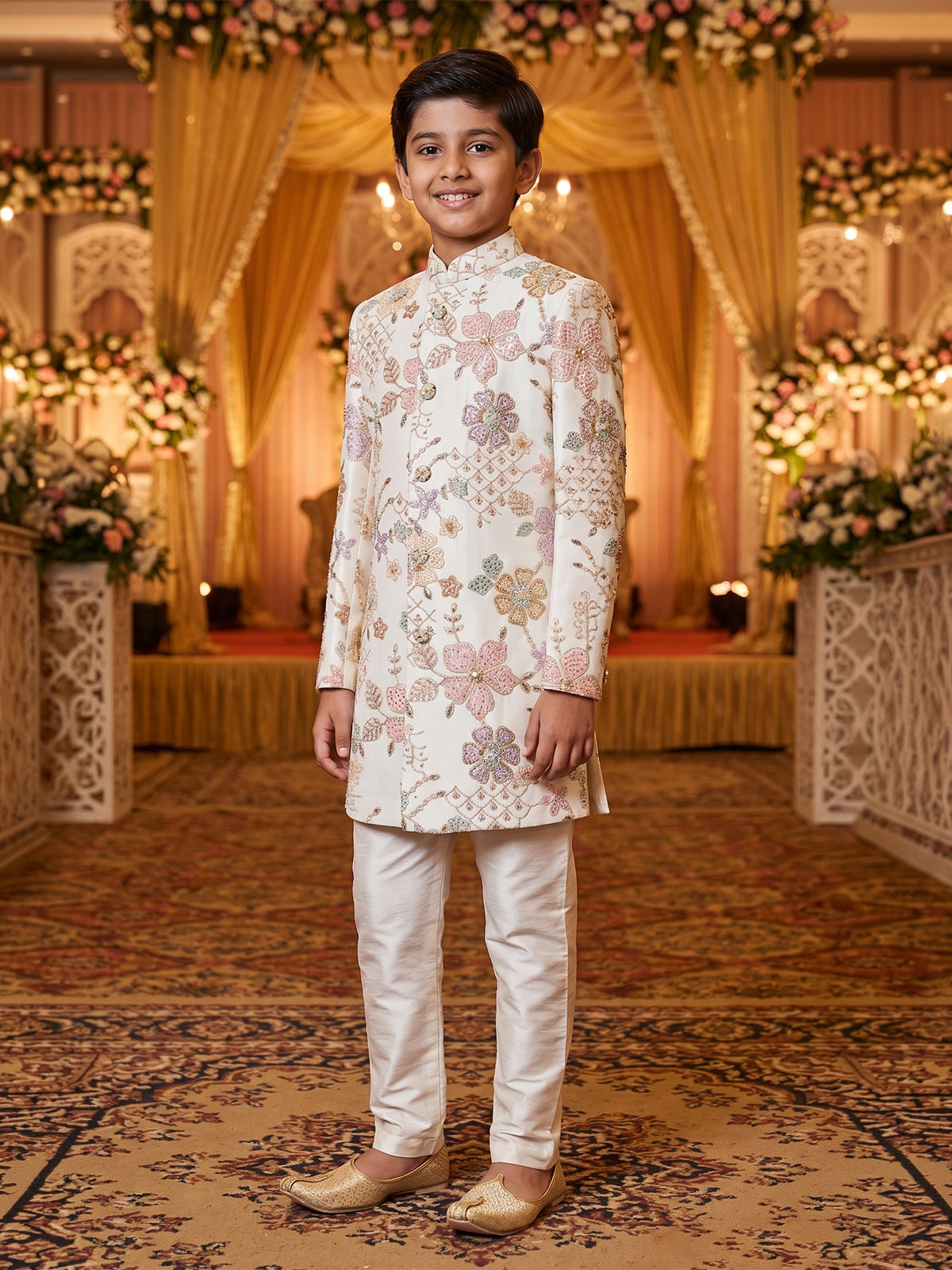 Off white pastel floral boys indo western