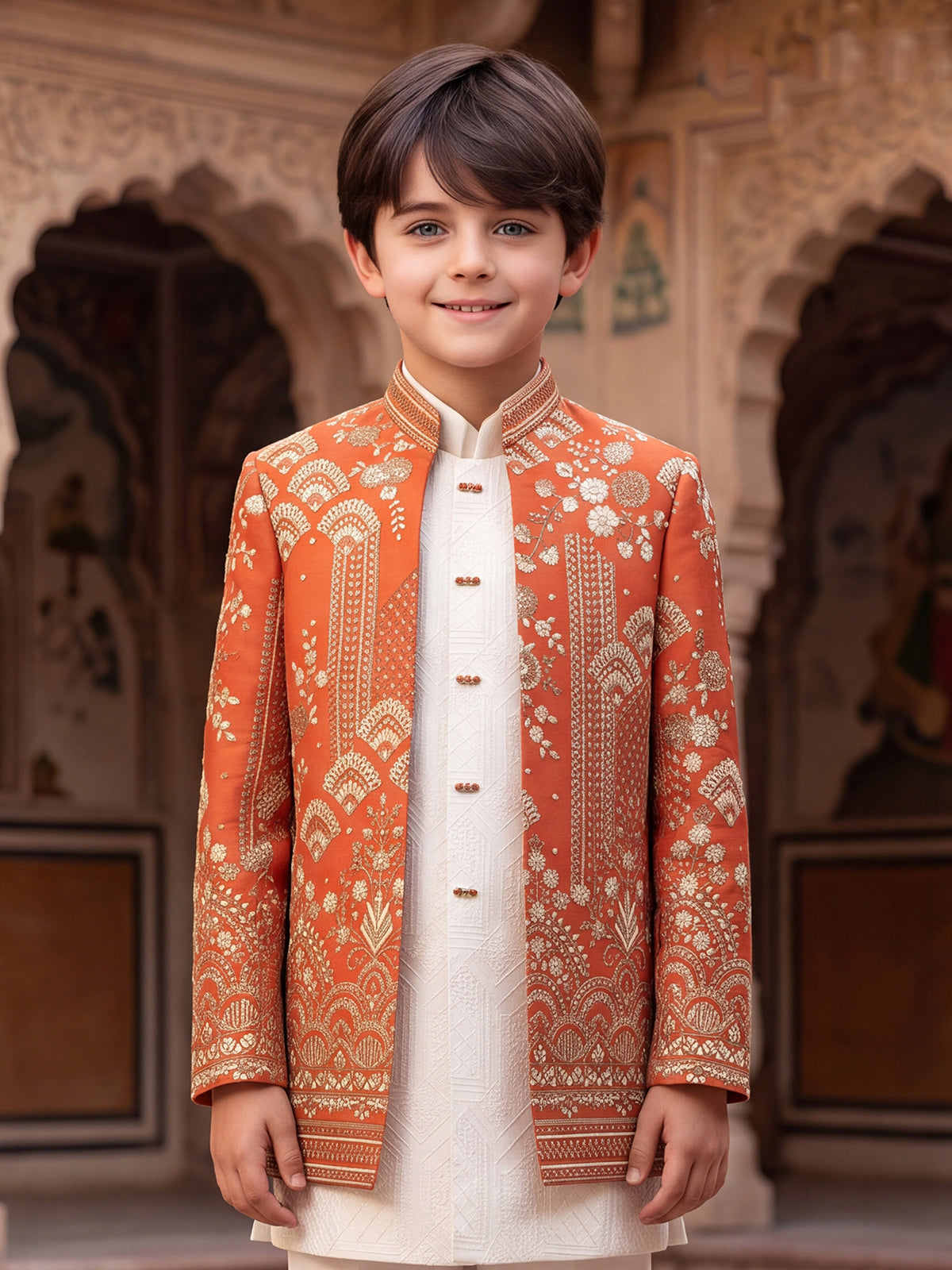 Rust orange mughal boys indo western