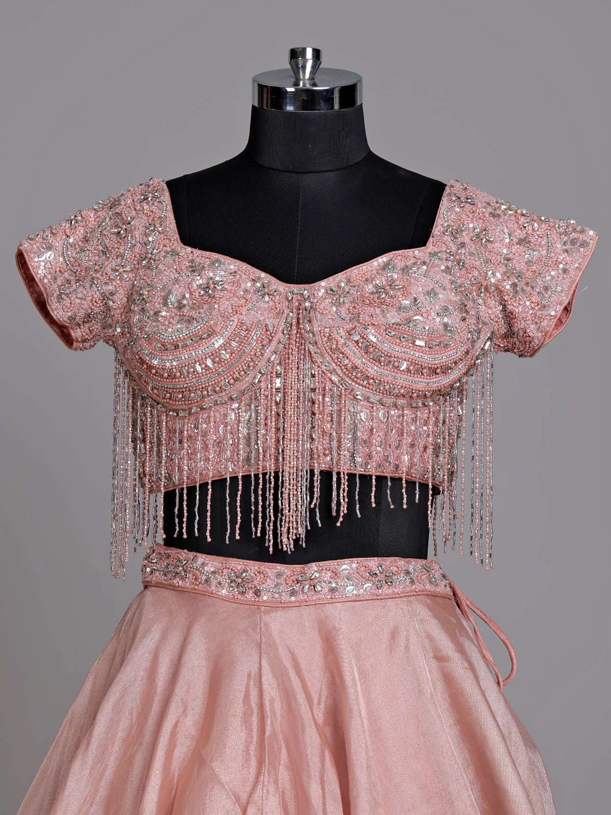 Pink crystal fringe women lehenga choli
