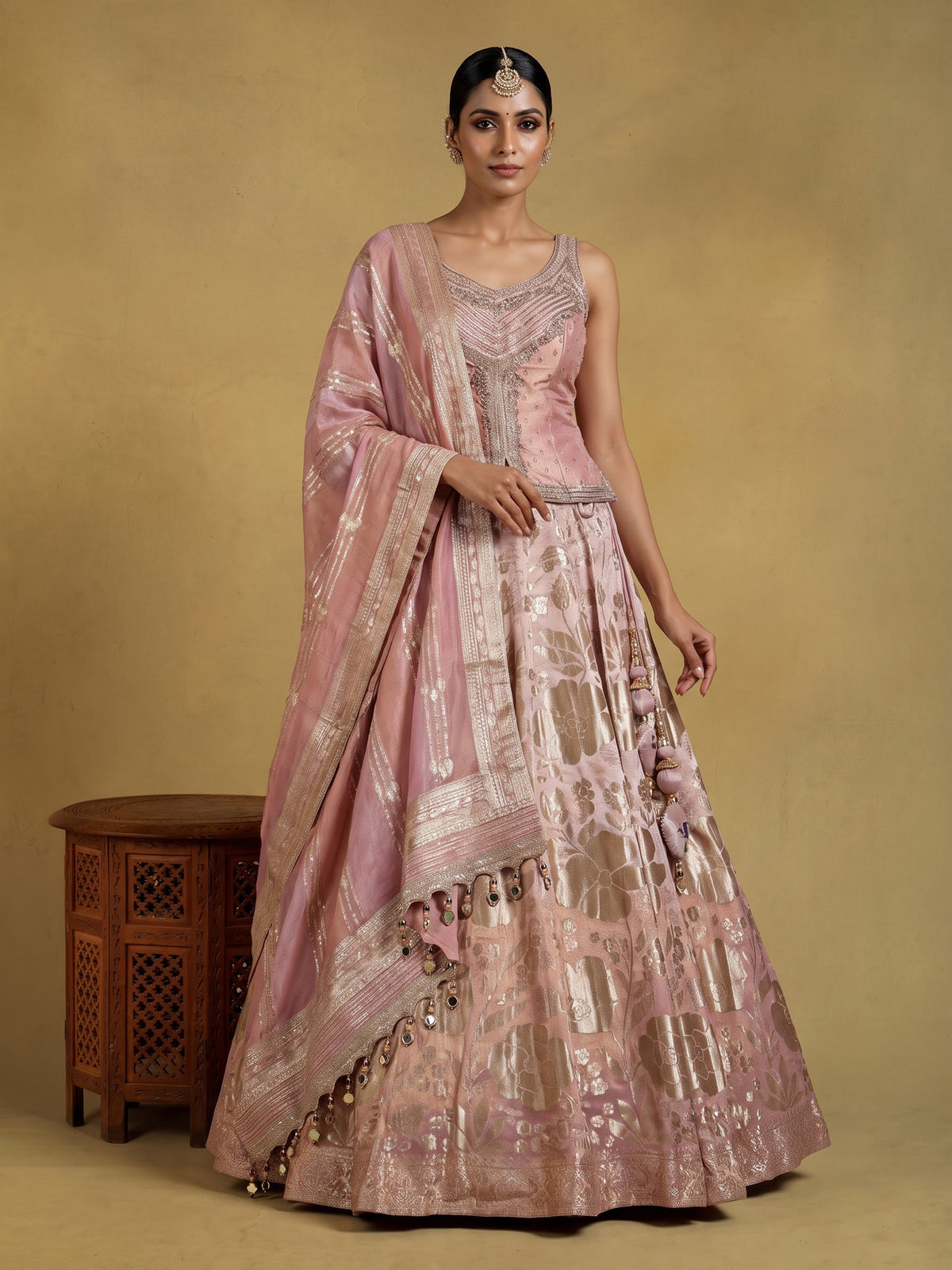 Peach peplum brocade women lehenga choli