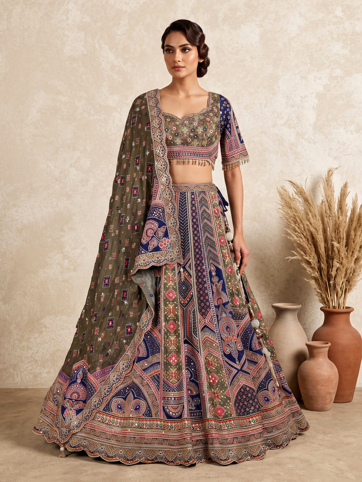 Blue olive lehenga choli with traditional bandhani inspired motifs