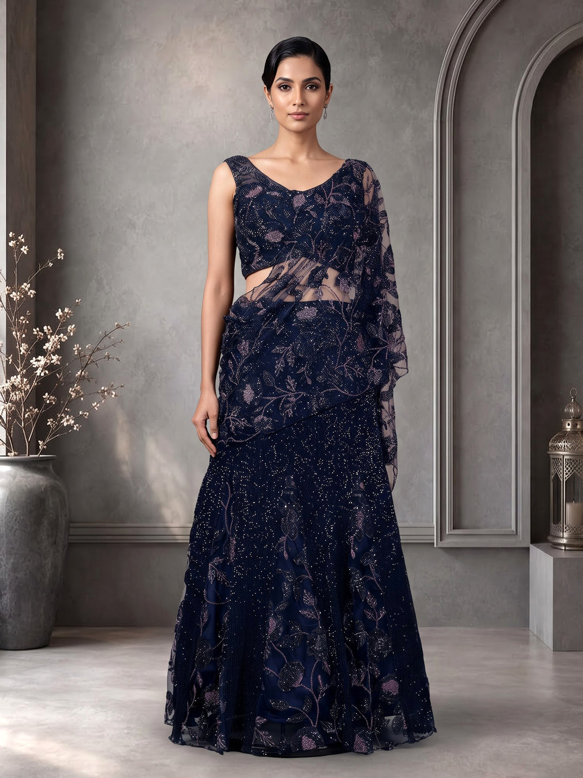 Midnight navy lehenga choli with pre-draped sheer dupatta