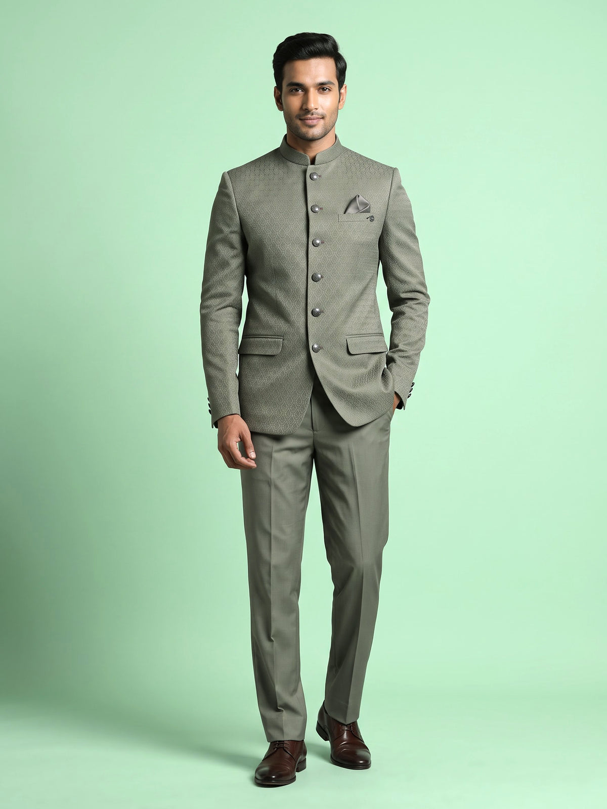Sage olive jacquard silk Jodhpuri suit with crest buttons