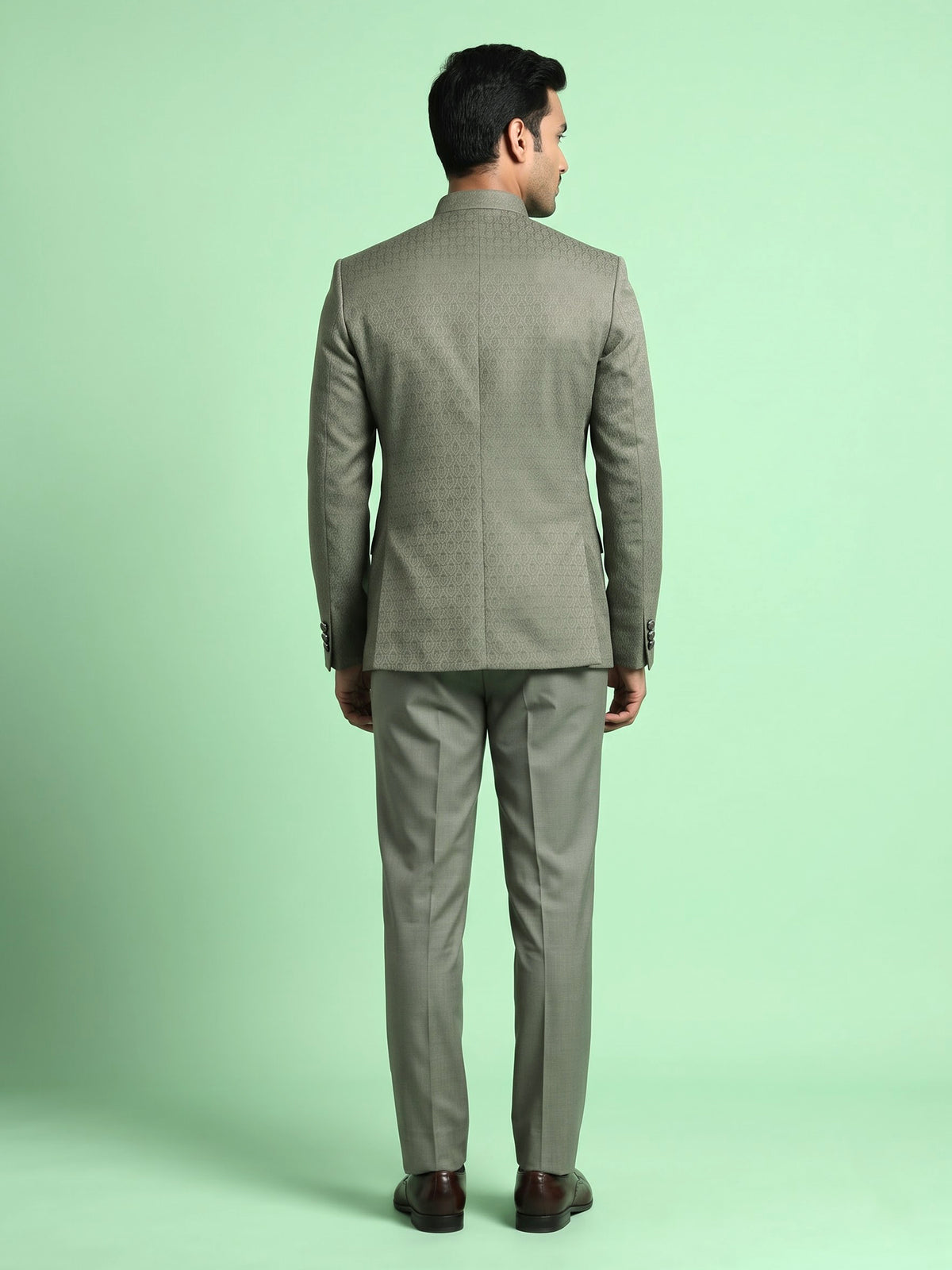 Sage olive jacquard silk Jodhpuri suit with crest buttons