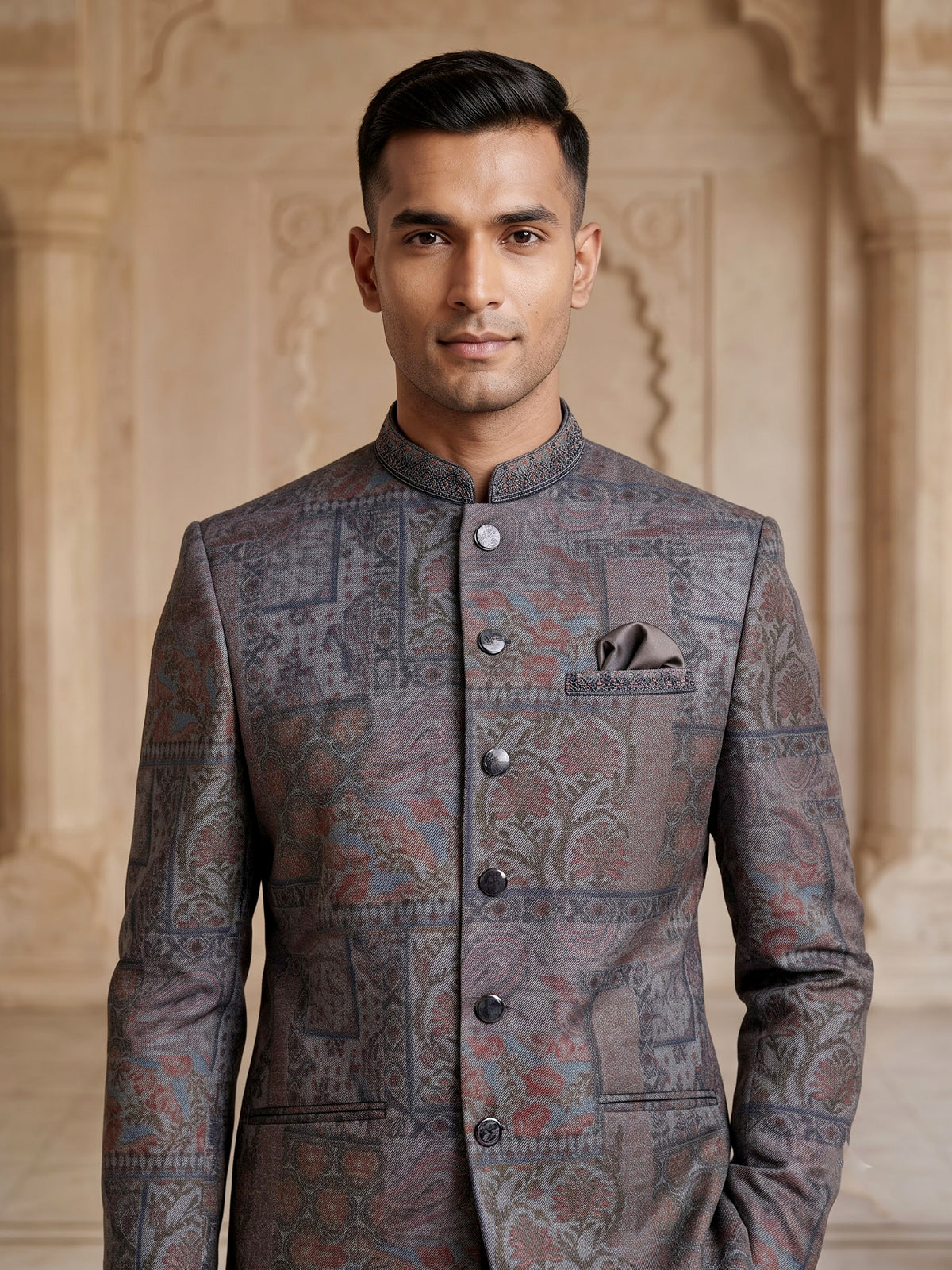 Charcoal grey Jodhpuri suit with paisley jacquard