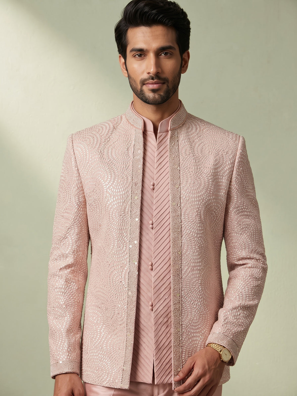 Dusty peach Indo western set with embellished bandhgala jacket