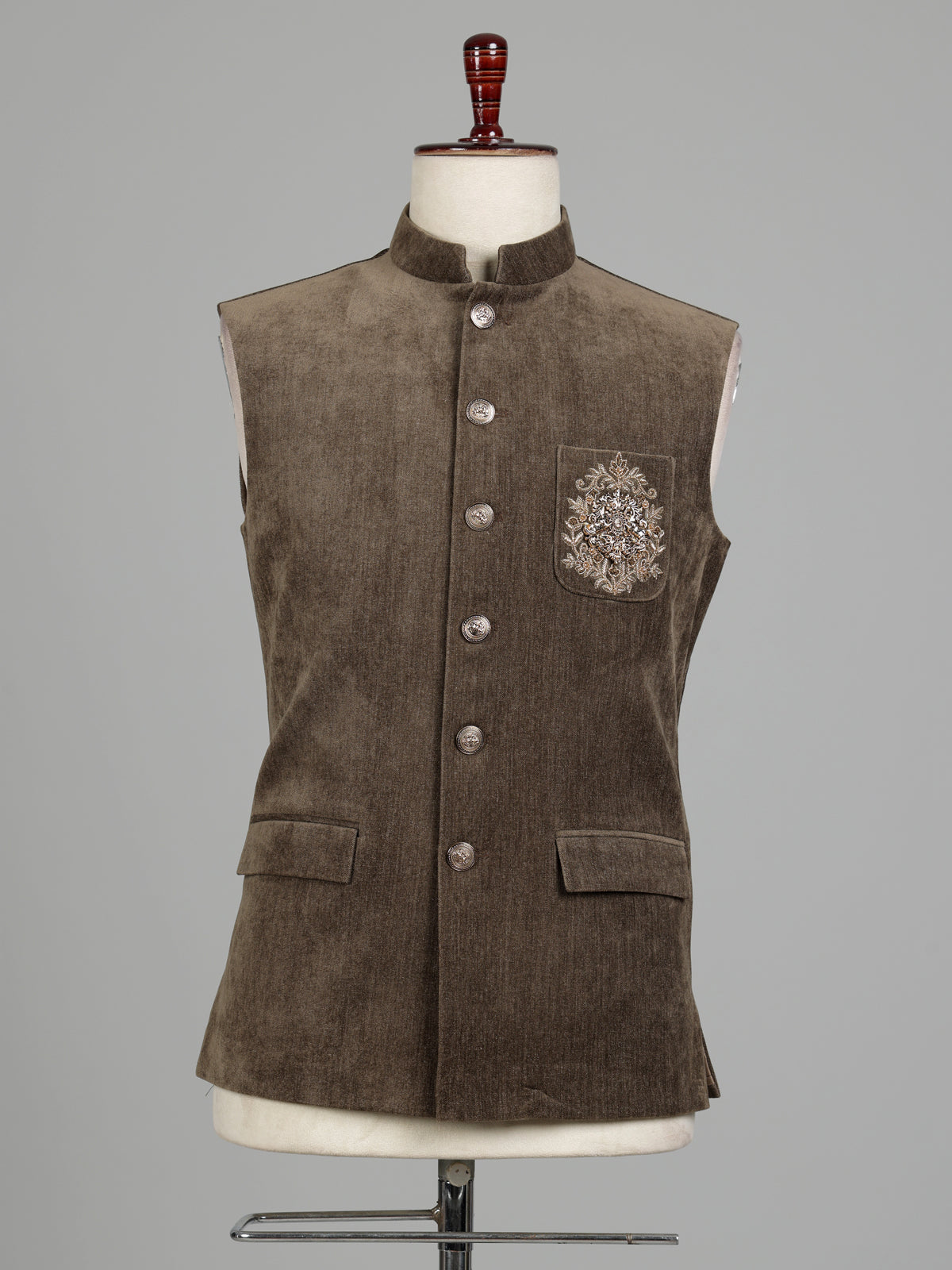 Olive brown Nehru waistcoat with antique floral crest embroidery