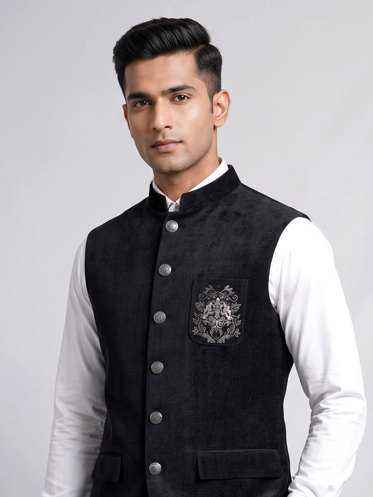 Midnight black Nehru waistcoat with embroidered medallion crest