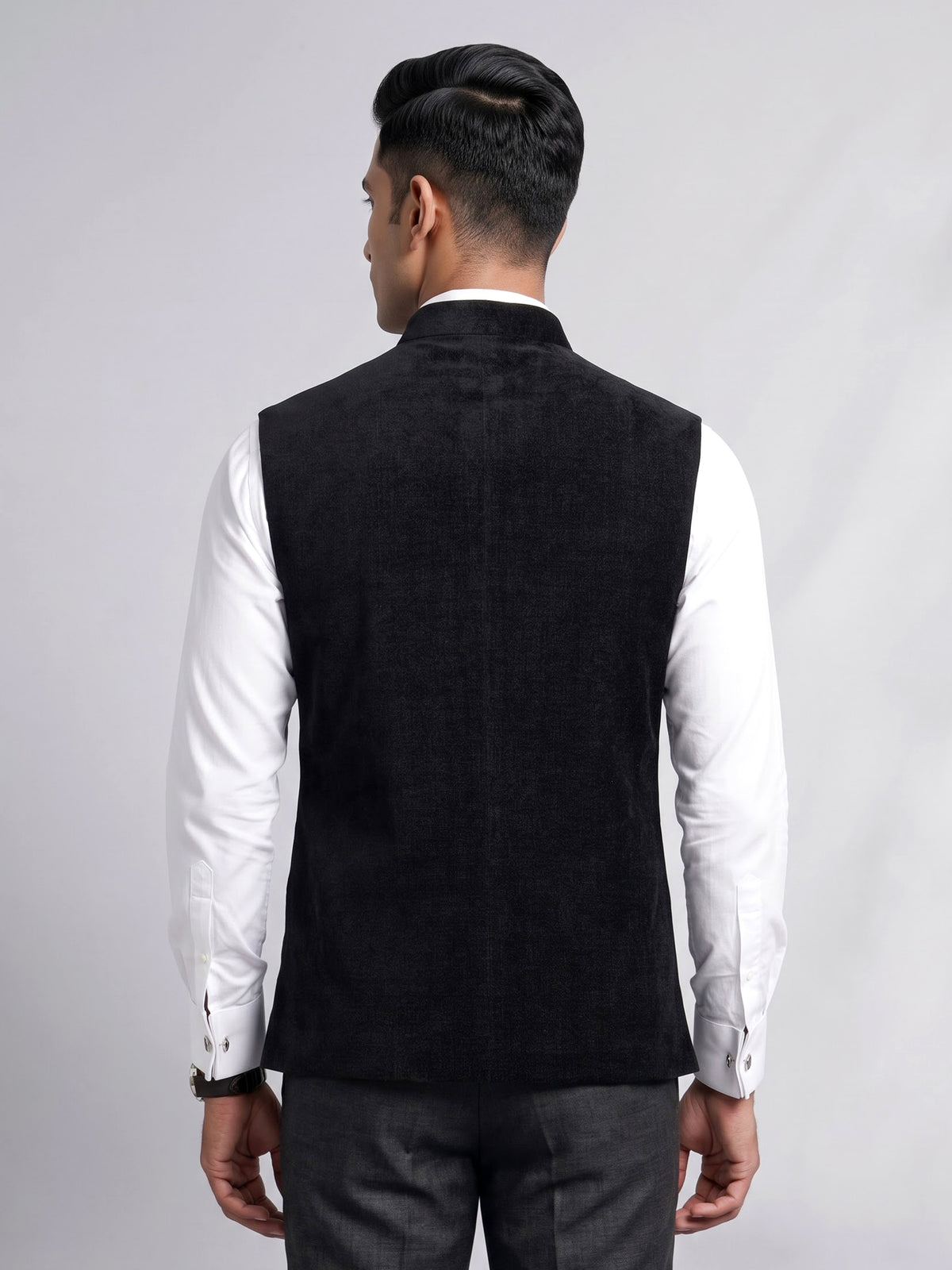 Midnight black Nehru waistcoat with embroidered medallion crest
