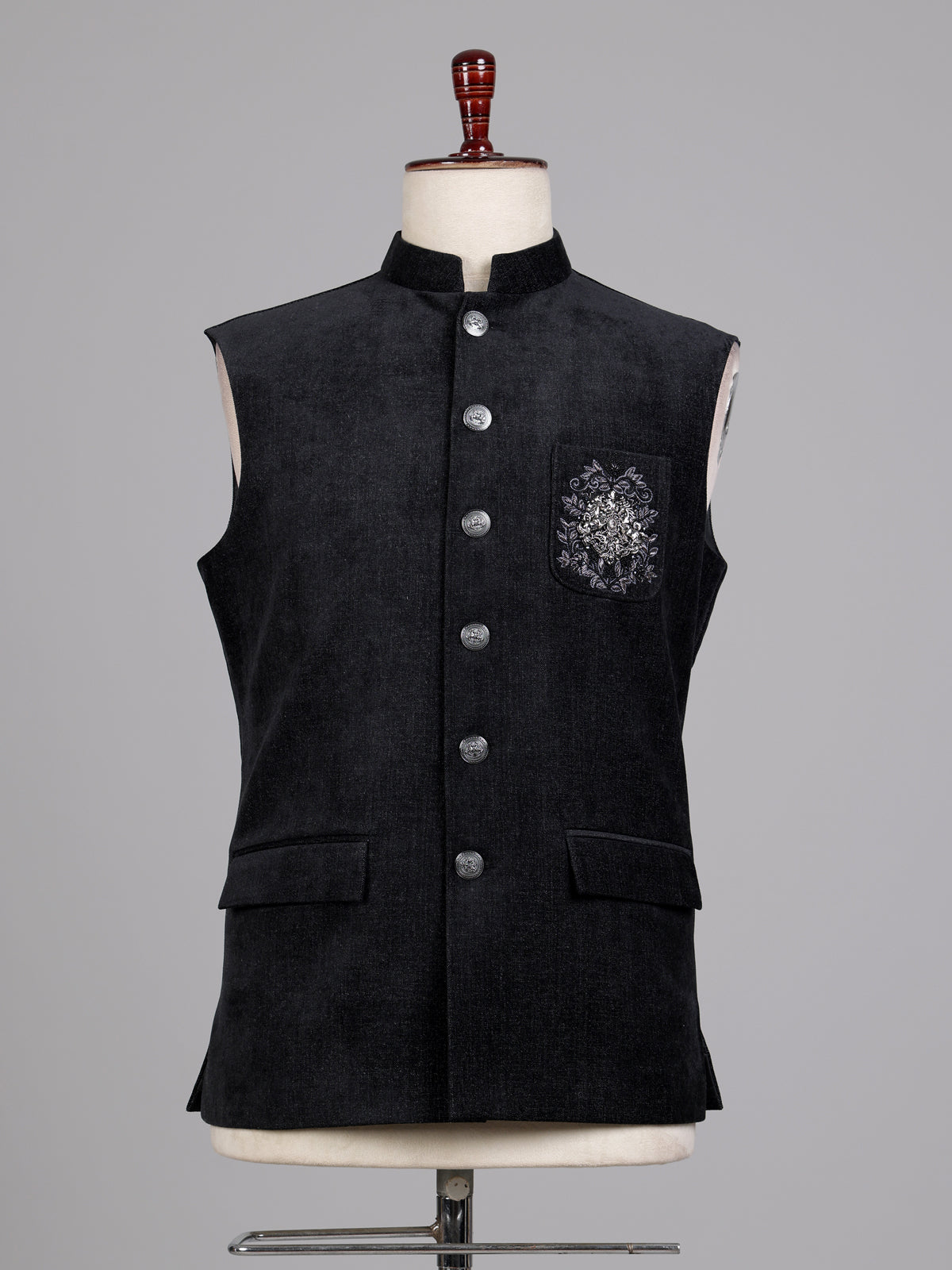 Midnight black Nehru waistcoat with embroidered medallion crest