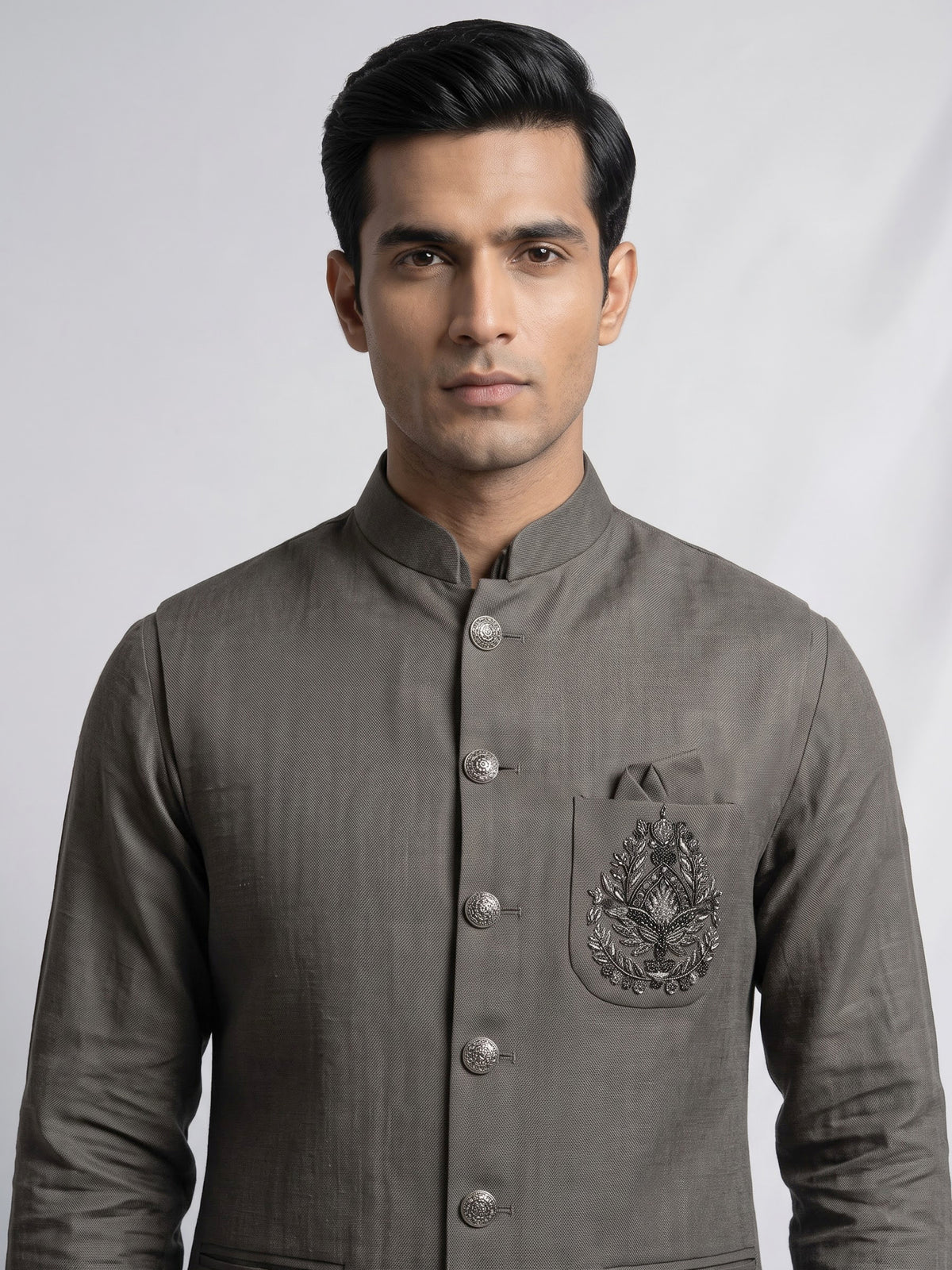 Slate grey ethnic waistcoat set with silver zardozi embroidery