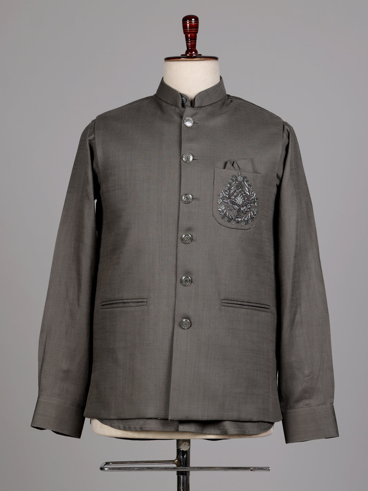 Slate grey ethnic waistcoat set with silver zardozi embroidery