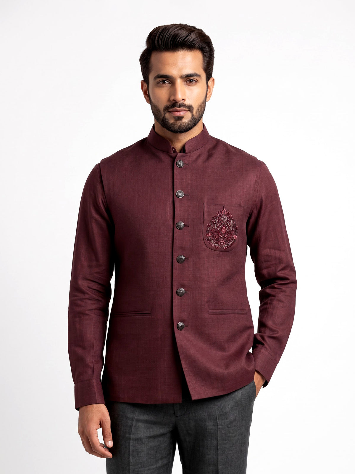 Deep maroon plum Nehru waistcoat set with floral crest