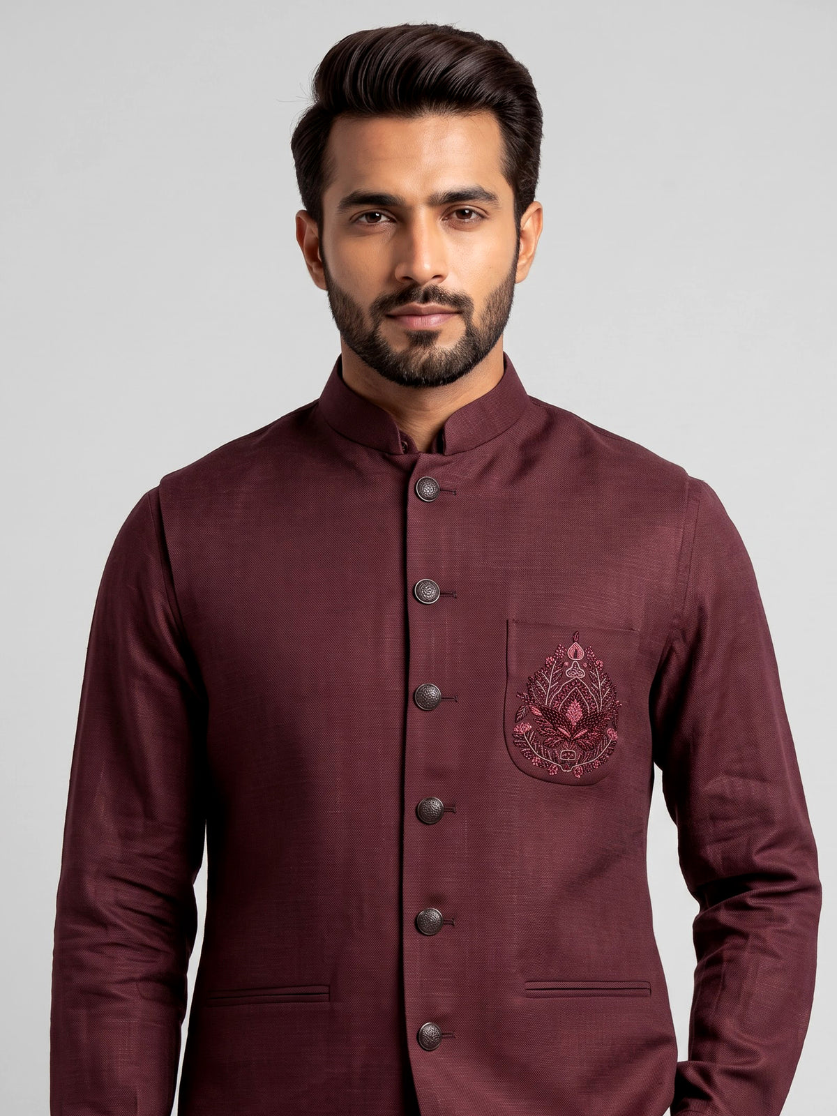 Deep maroon plum Nehru waistcoat set with floral crest