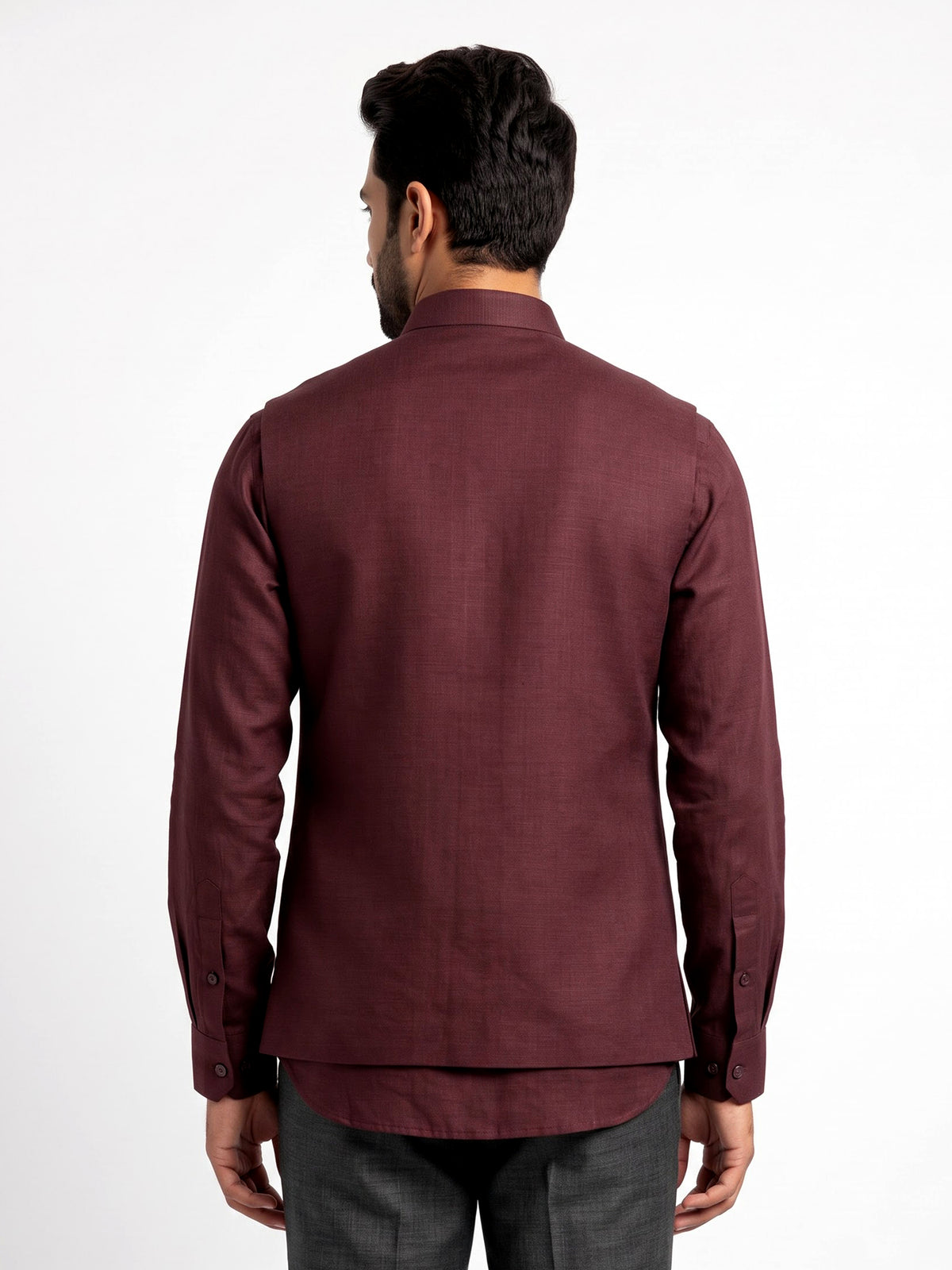Deep maroon plum Nehru waistcoat set with floral crest