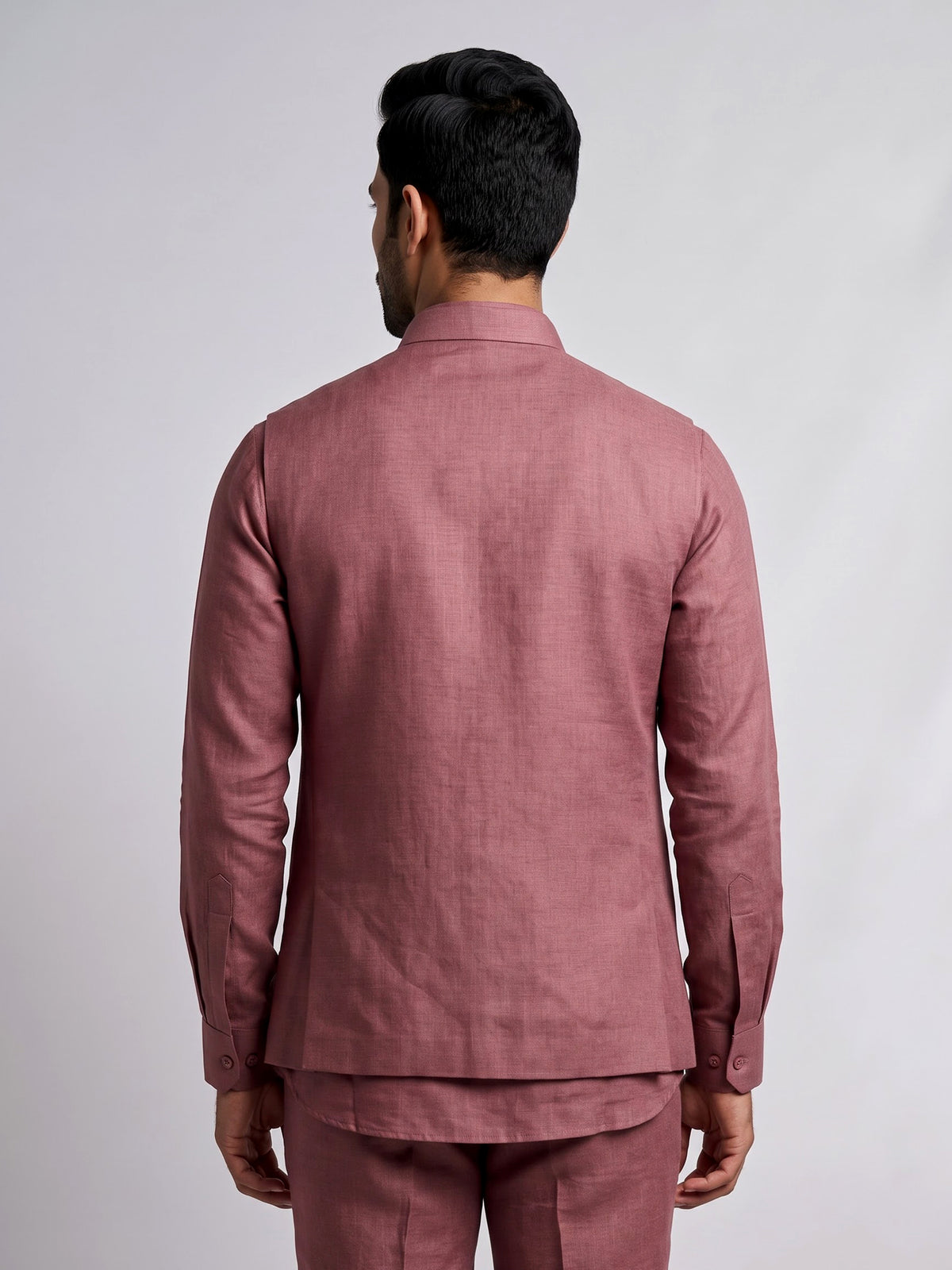 Dusty mauve wine bandhgala waistcoat set with embroidered crest