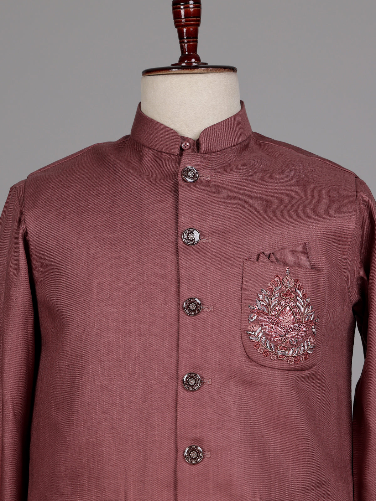 Dusty mauve wine bandhgala waistcoat set with embroidered crest