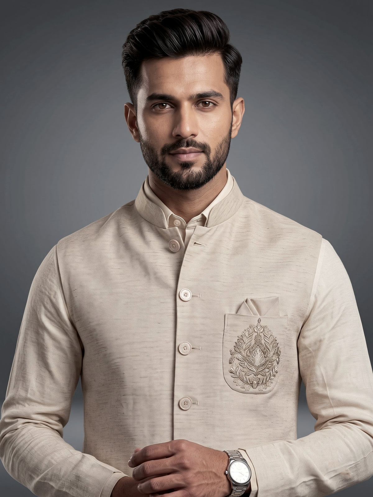 Cream ethnic waistcoat set with silver zardozi crest embroidery