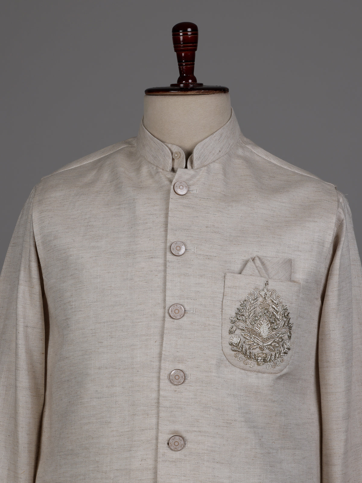 Cream ethnic waistcoat set with silver zardozi crest embroidery