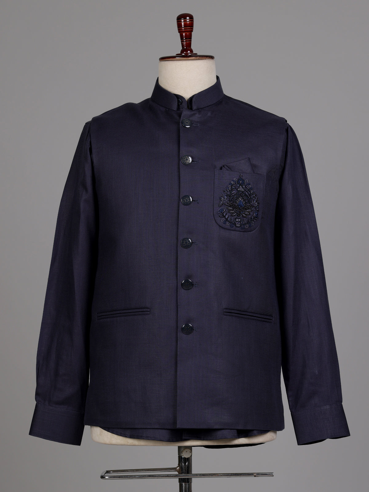 Midnight navy Nehru waistcoat set with royal crest embroidery