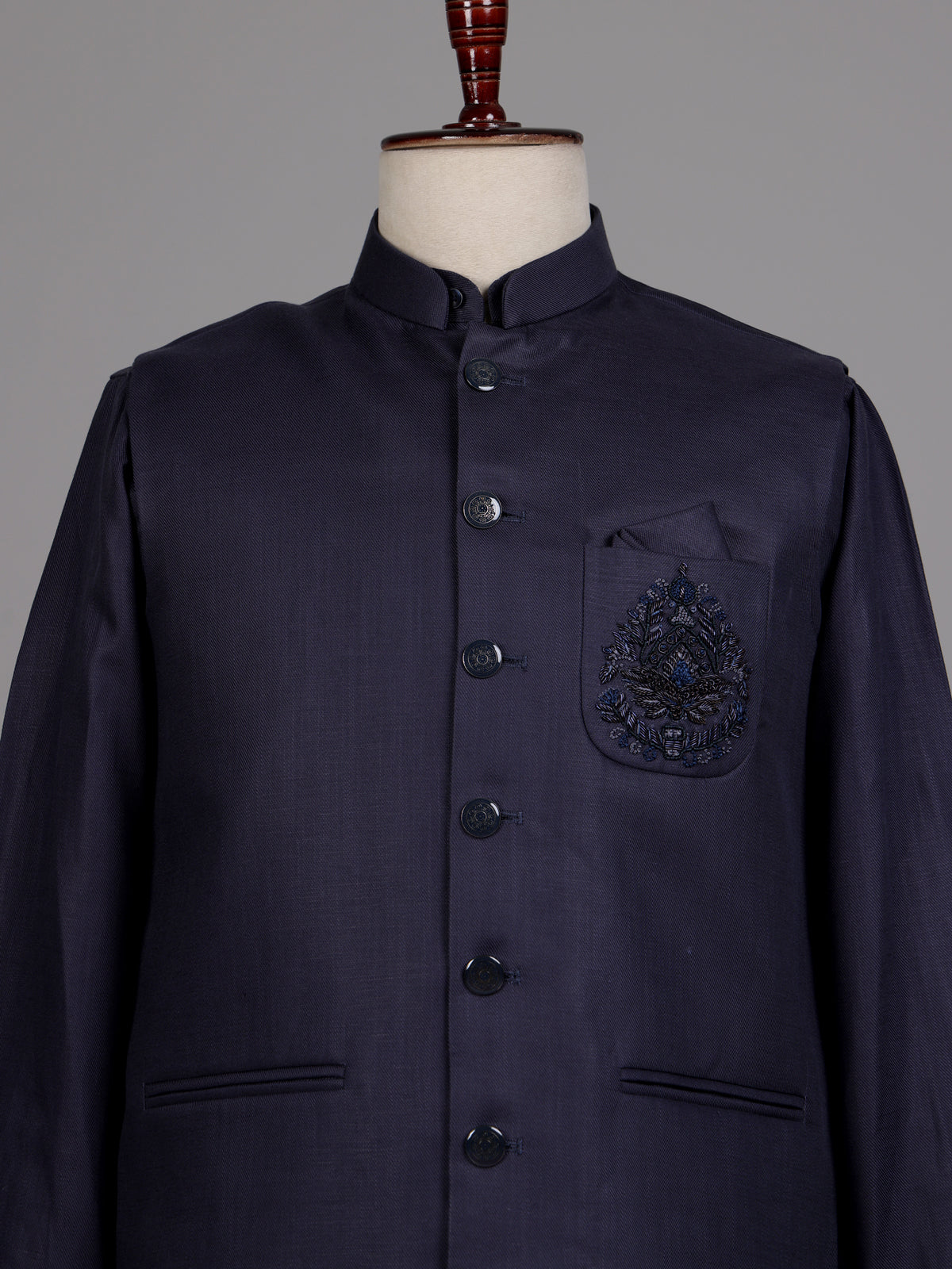 Midnight navy Nehru waistcoat set with royal crest embroidery