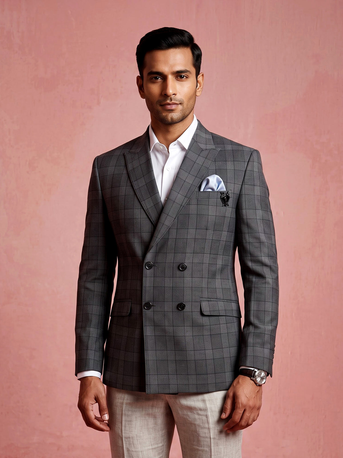 Charcoal grey glen plaid double breasted tailored blazer