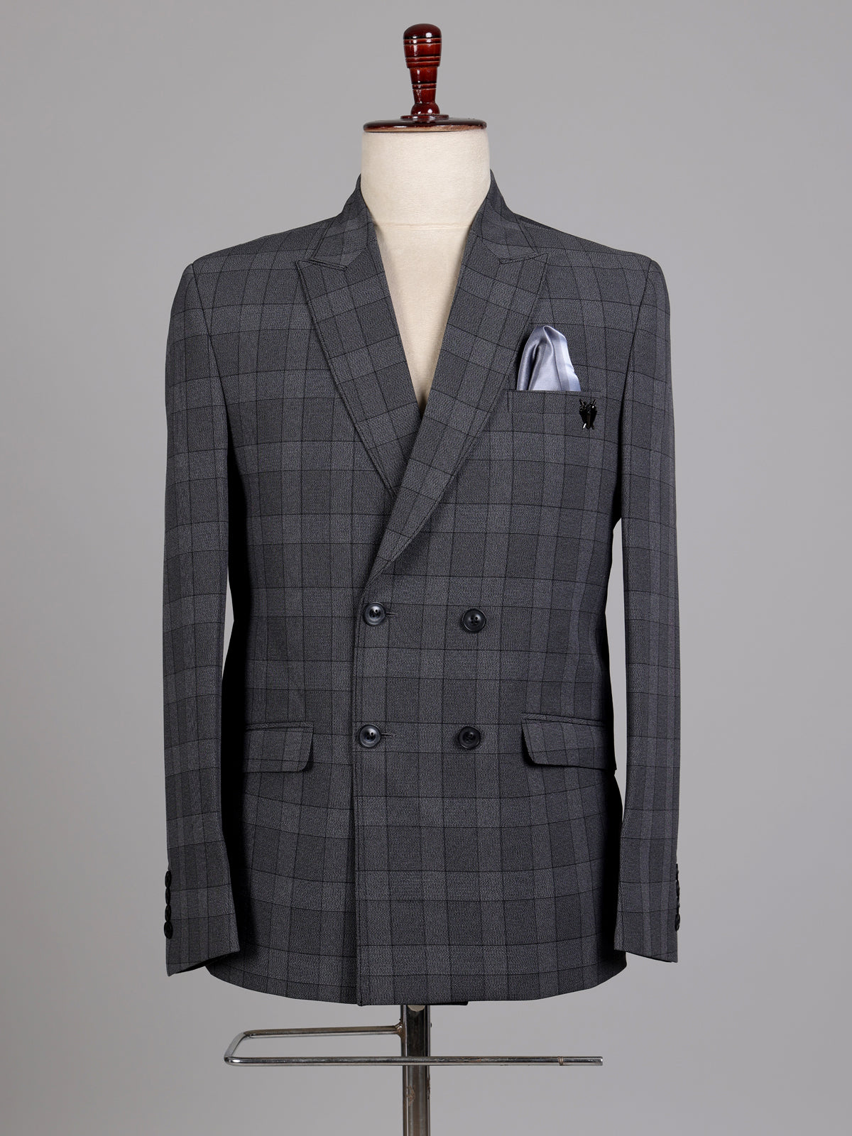 Charcoal grey glen plaid double breasted tailored blazer