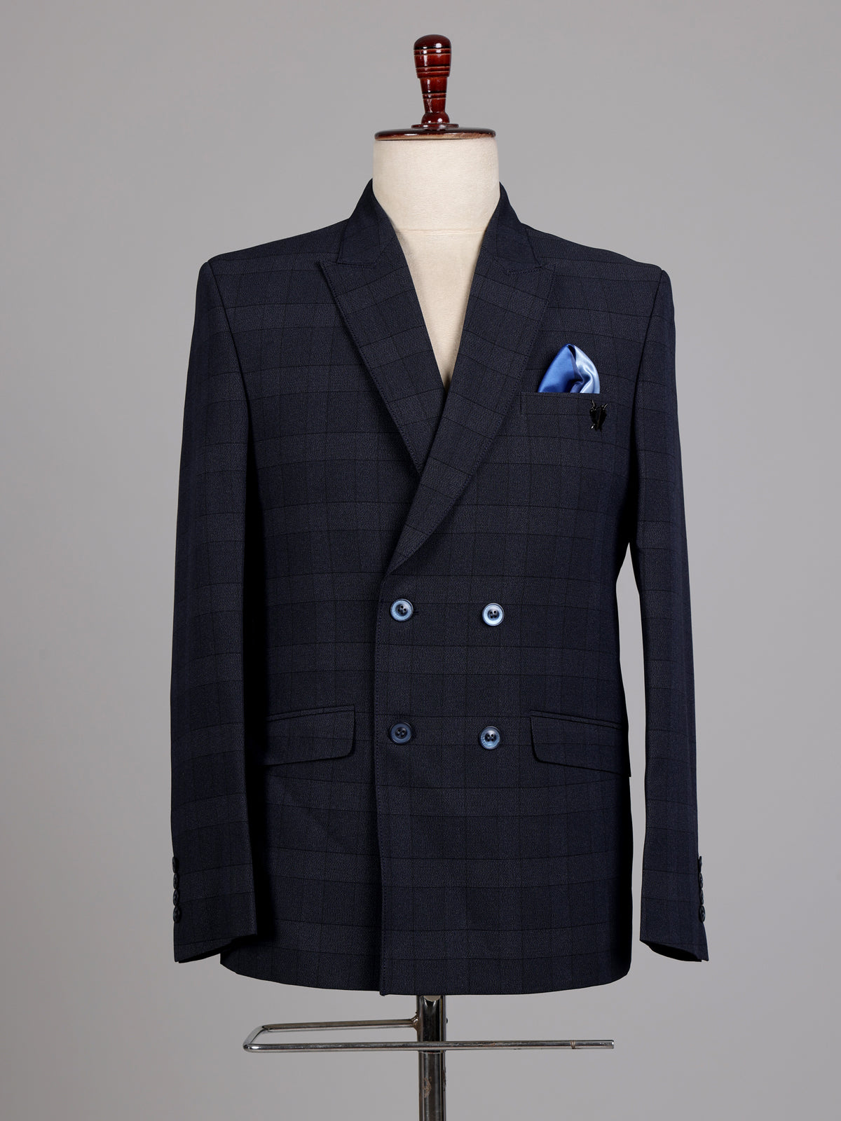 Midnight navy textured self weave double breasted blazer