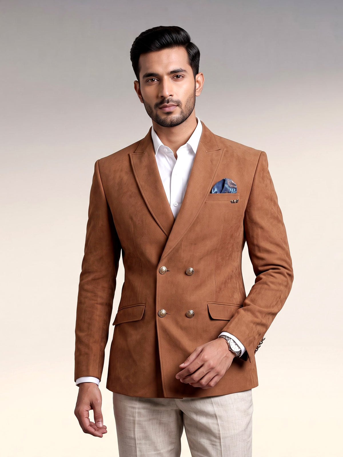 Tan brown suede finish double breasted tailored blazer