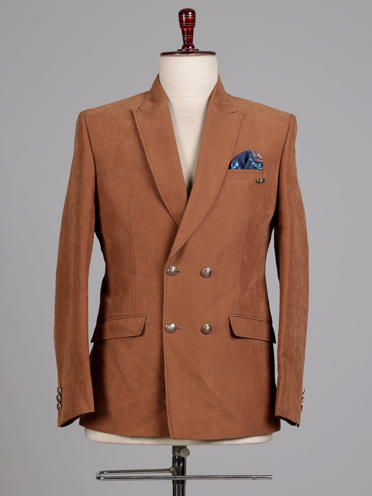 Tan brown suede finish double breasted tailored blazer