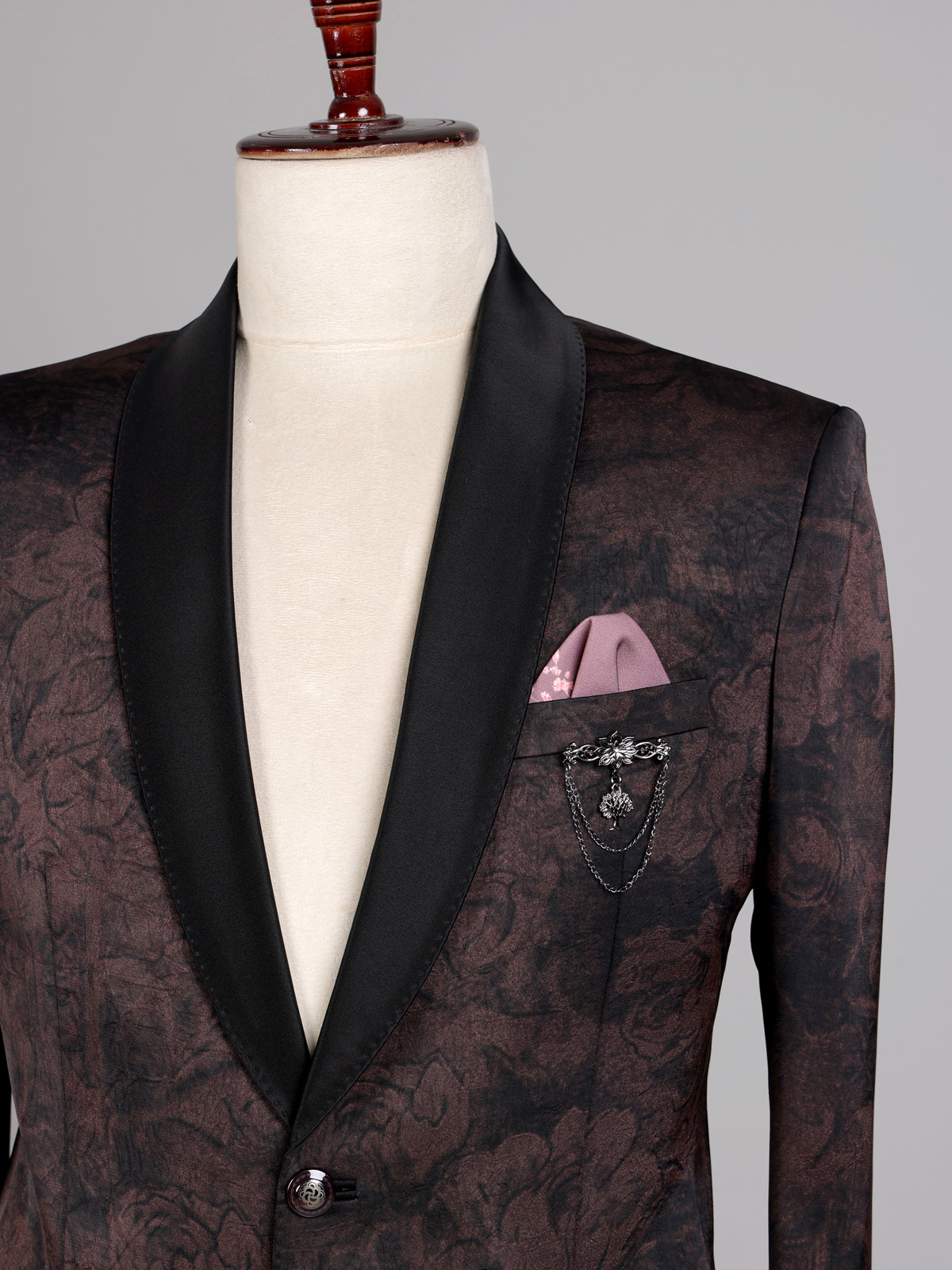 Deep Brown jacquard shadow floral shawl collar tuxedo blazer