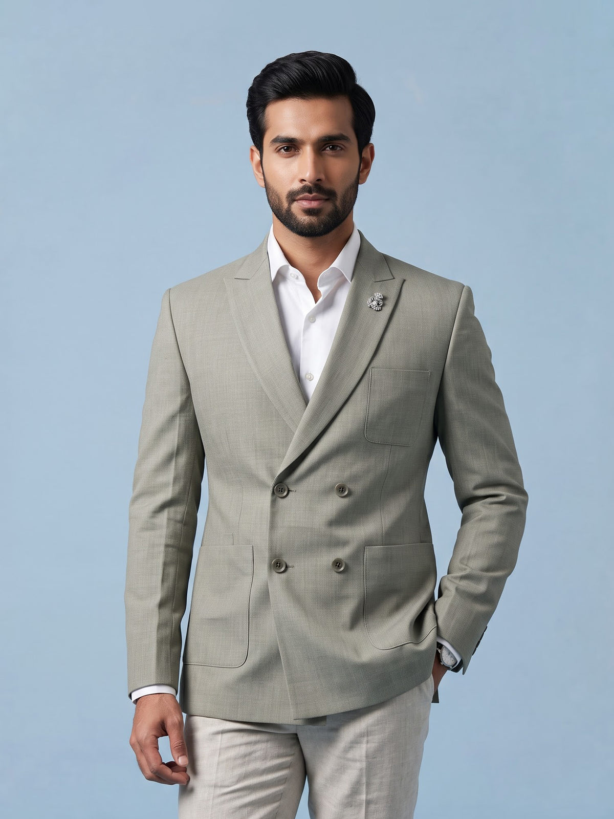 Grey micro textured double breasted formal blazer