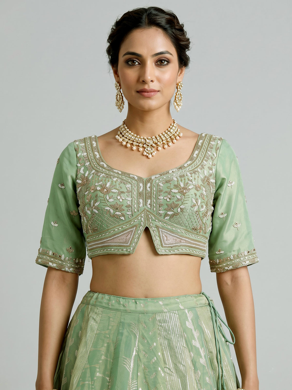 Pista green banarasi tissue silk designer lehenga with dupatta
