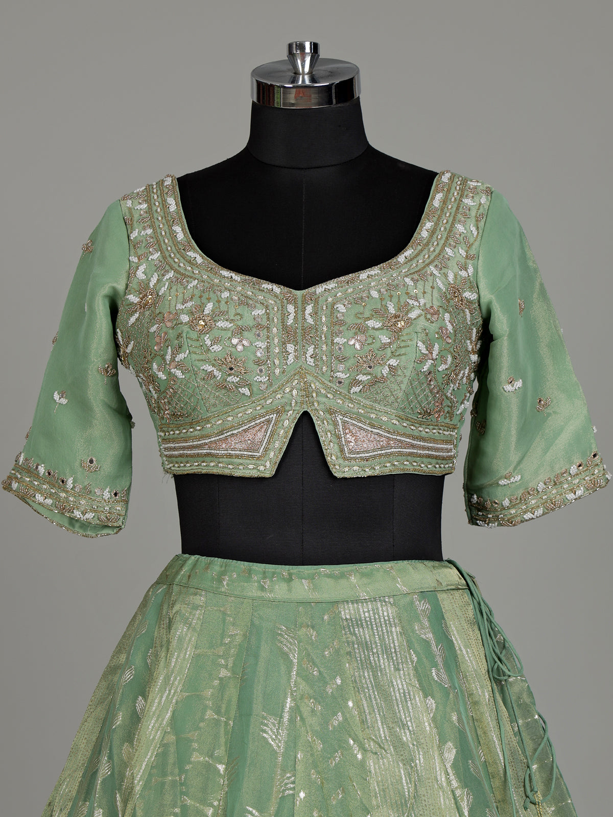 Pista green banarasi tissue silk designer lehenga with dupatta