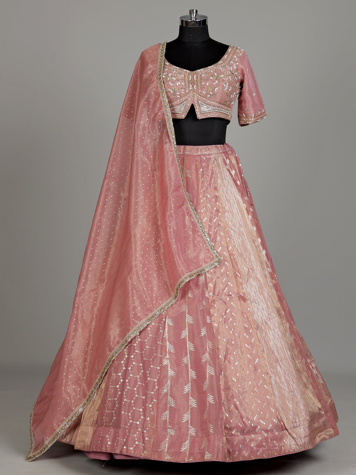 Onion pink banarasi tissue silk designer lehenga with dupatta