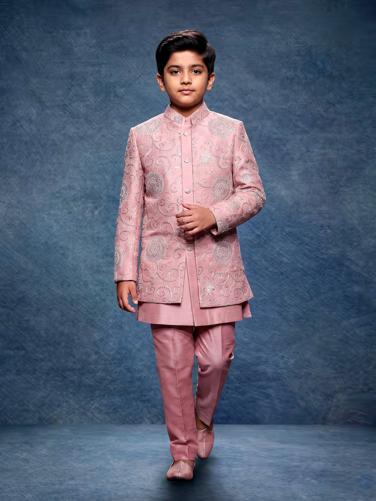 Dusty mauve pink boys Indo-western set with silver embroidery