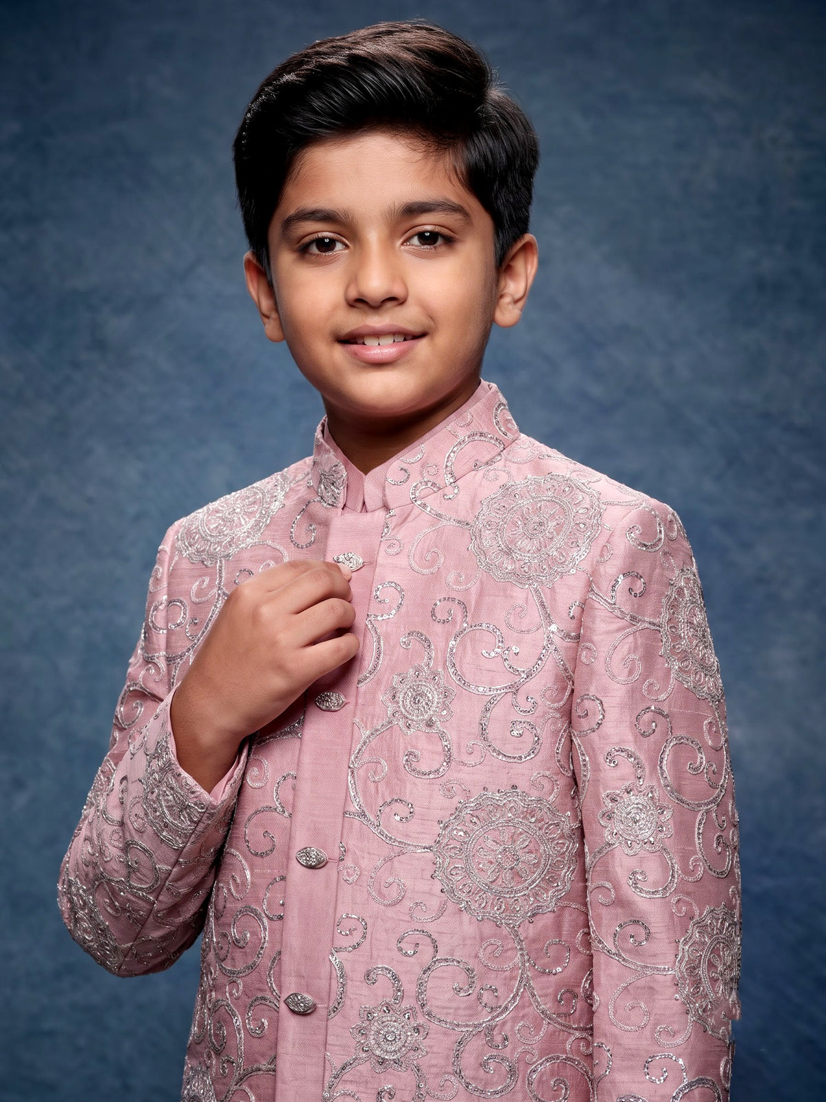 Dusty mauve pink boys Indo-western set with silver embroidery