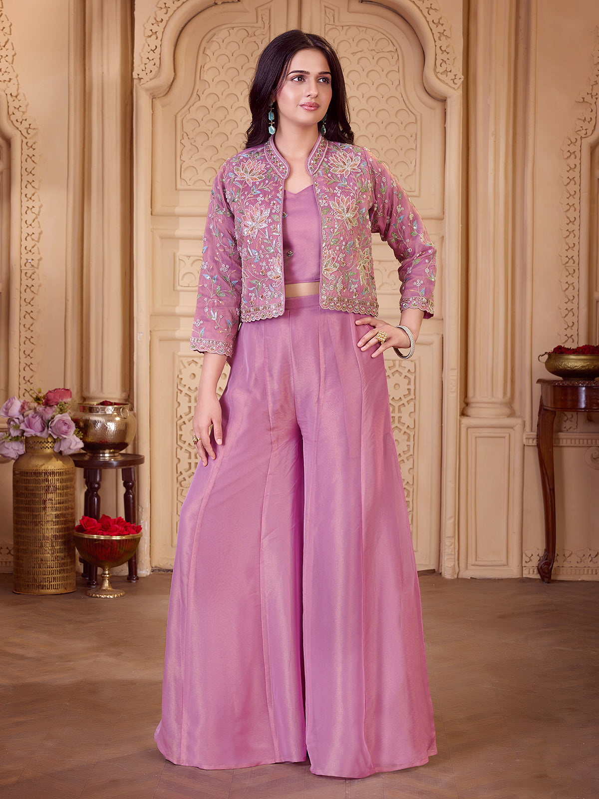 Light purple botanical girls designer palazzo suit