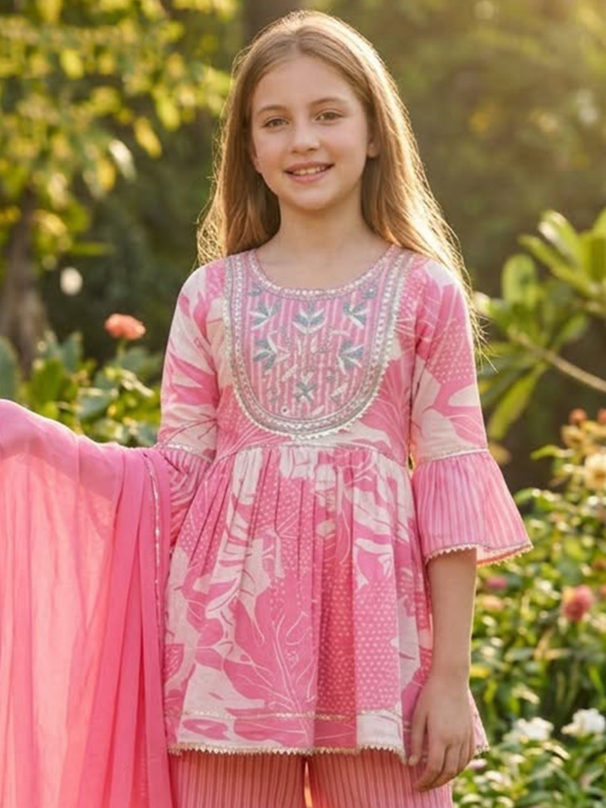 Pink floral printed girls palazzo suit