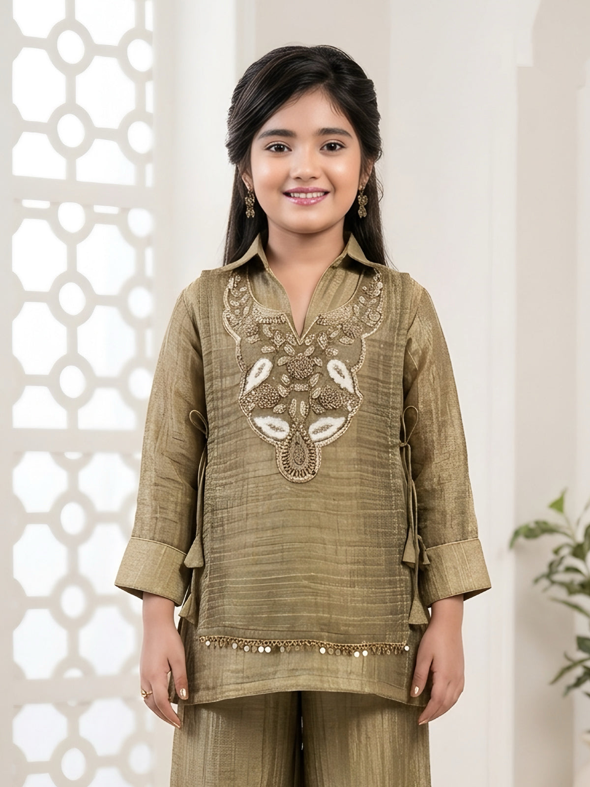 Olive designer girls palazzo suit with collar