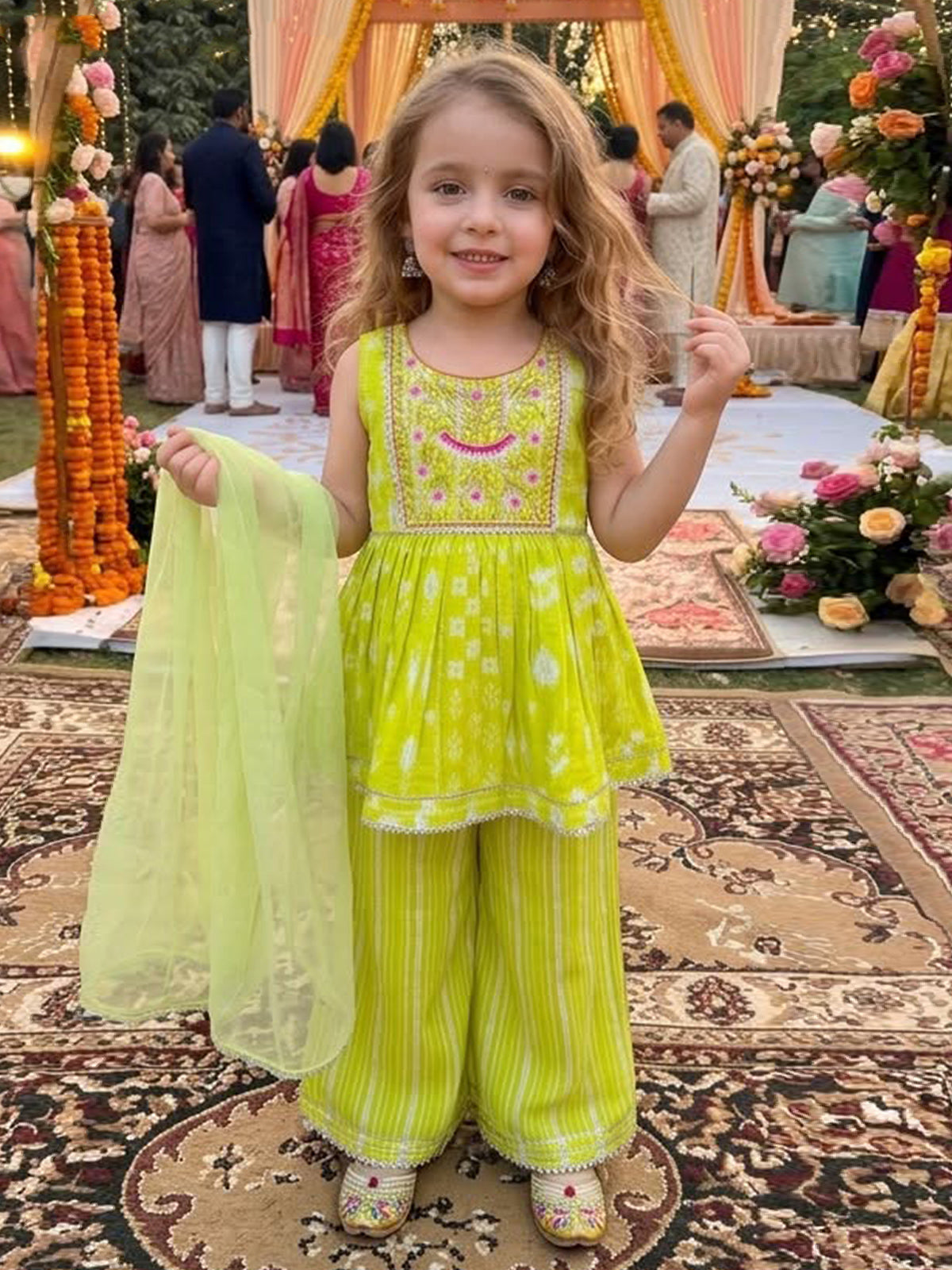 Green floral girls palazzo suit with dupatta
