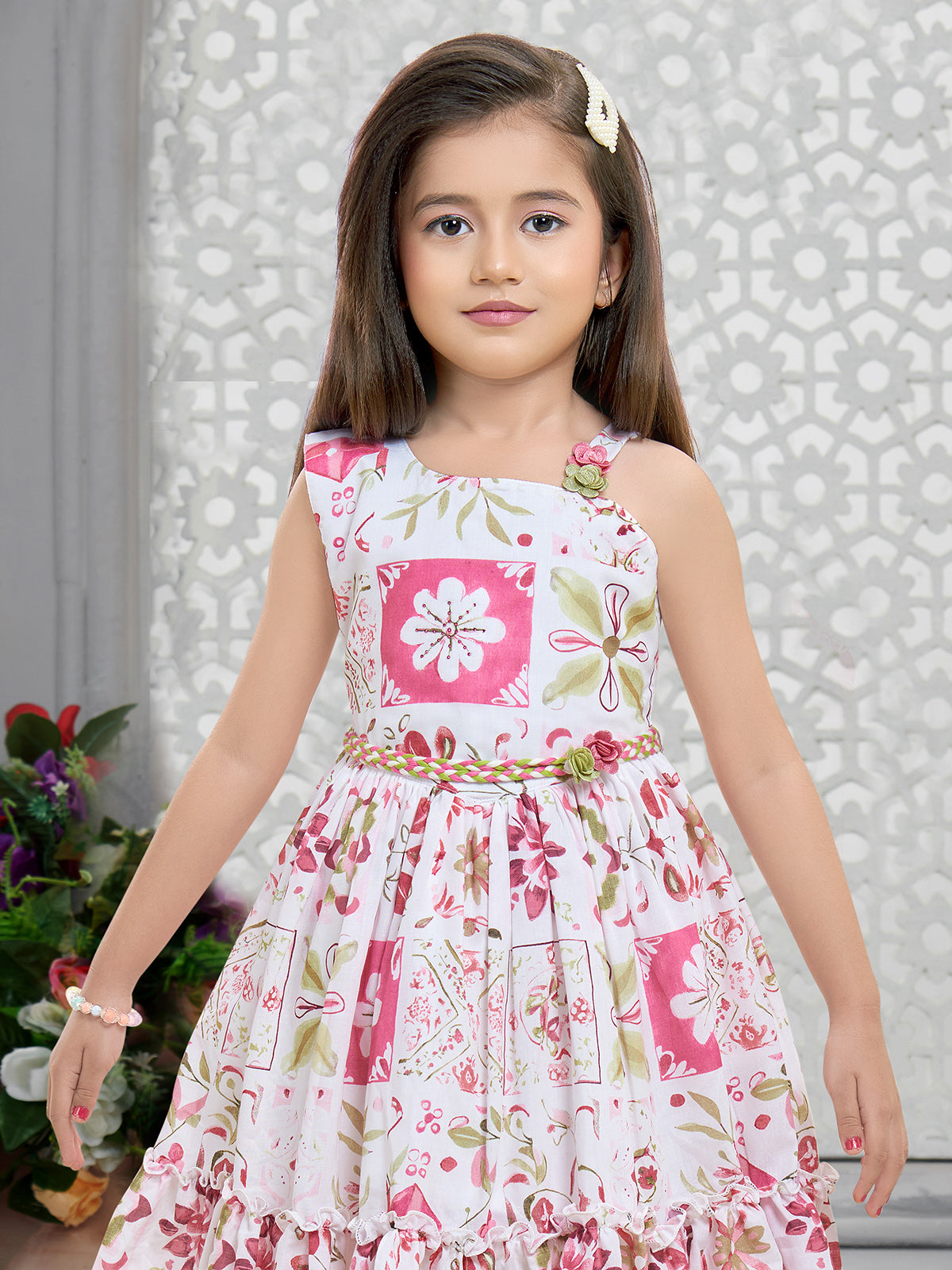 White pink floral girls frock with belt