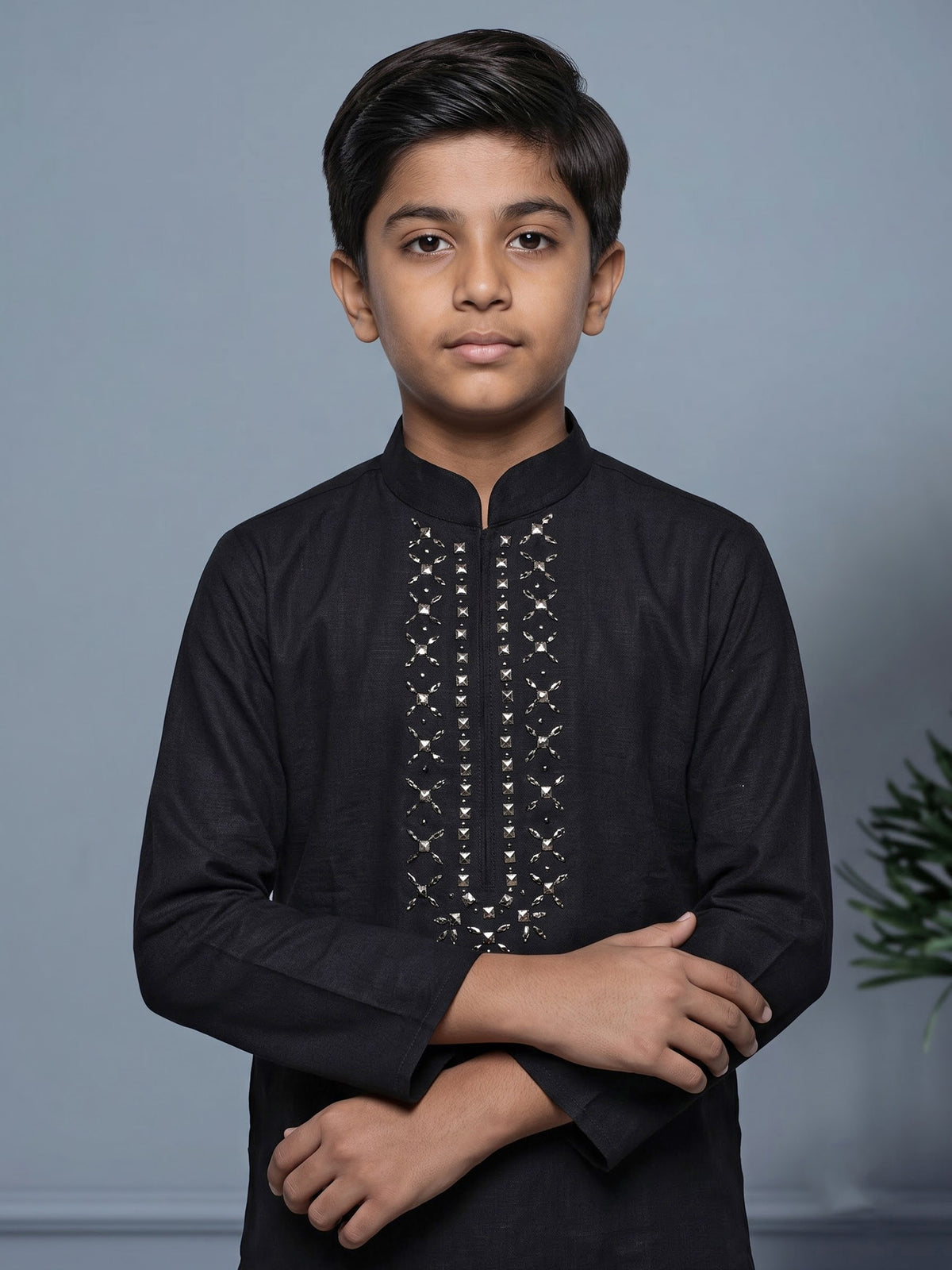 Black boys kurta pajama set with silver cutdana neckline