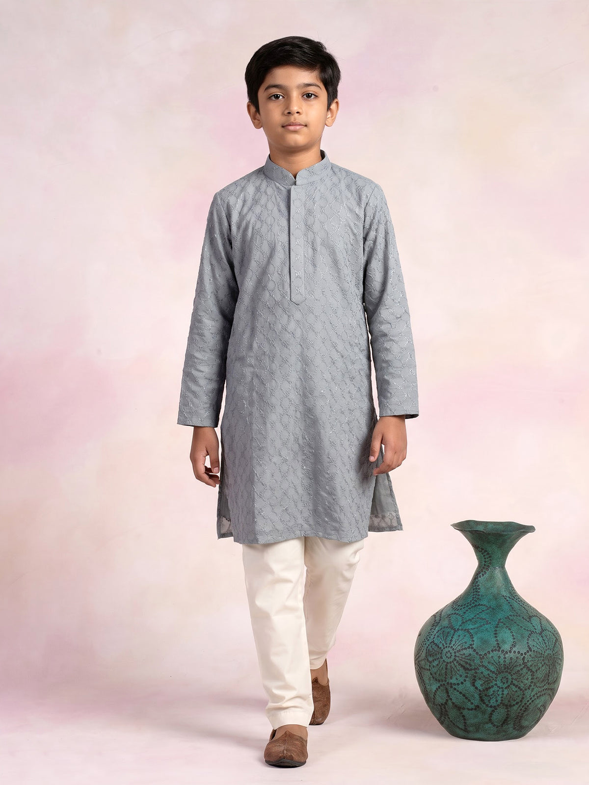 Slate grey linen boys kurta pajama set with vine embroidery