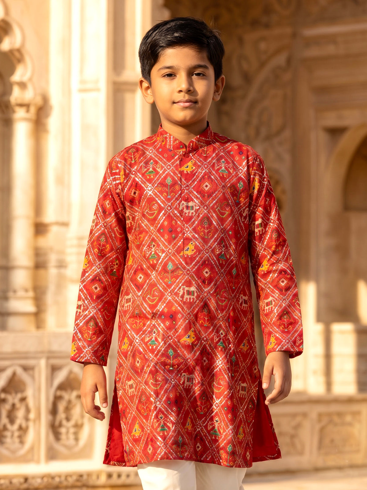 Red silk boys kurta pajama set with Patola motifs