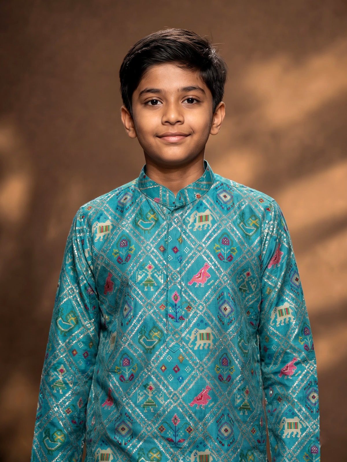 Aqua blue silk boys kurta pajama with Patola motifs